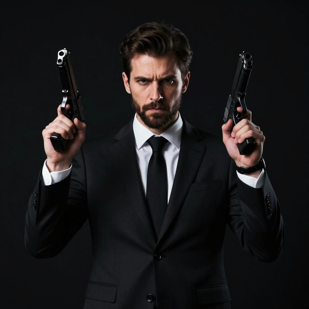 Serious Man in Black Suit Holding Two Pistols in Dramatic Portrait