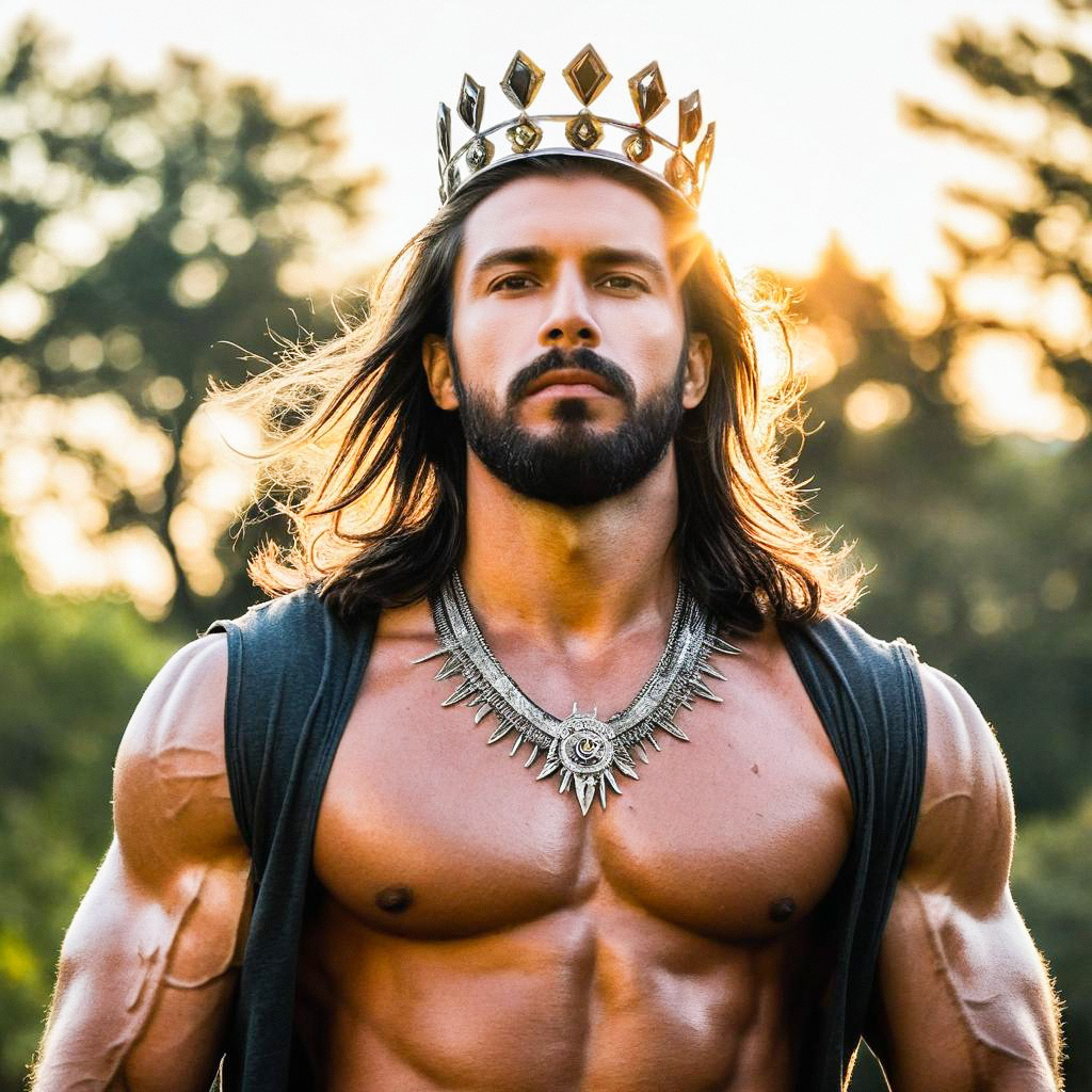 Muscular King with Crown and Necklace at Golden Hour Muscular King with Crown and Necklace at Golden Hour