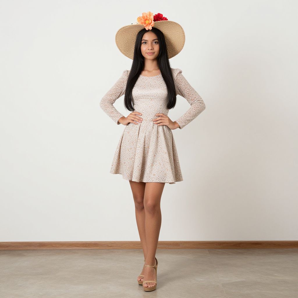 Young Woman in Floral Dress and Wide-Brimmed Hat with Flowers