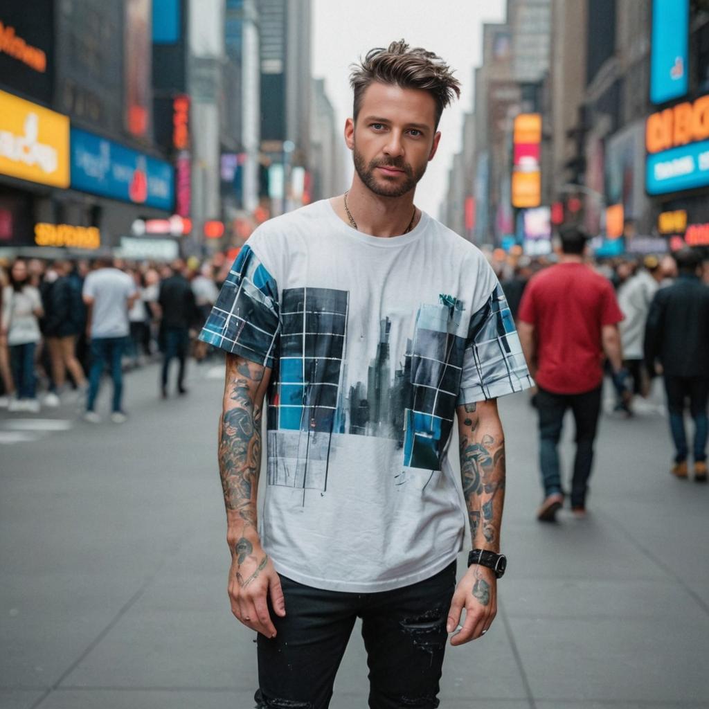 Stylish Tattooed Man in Times Square