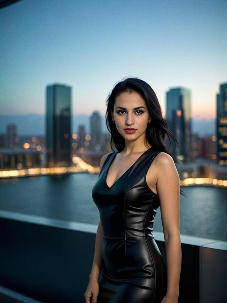 Confident Woman in Black Dress Overlooking City at Dusk