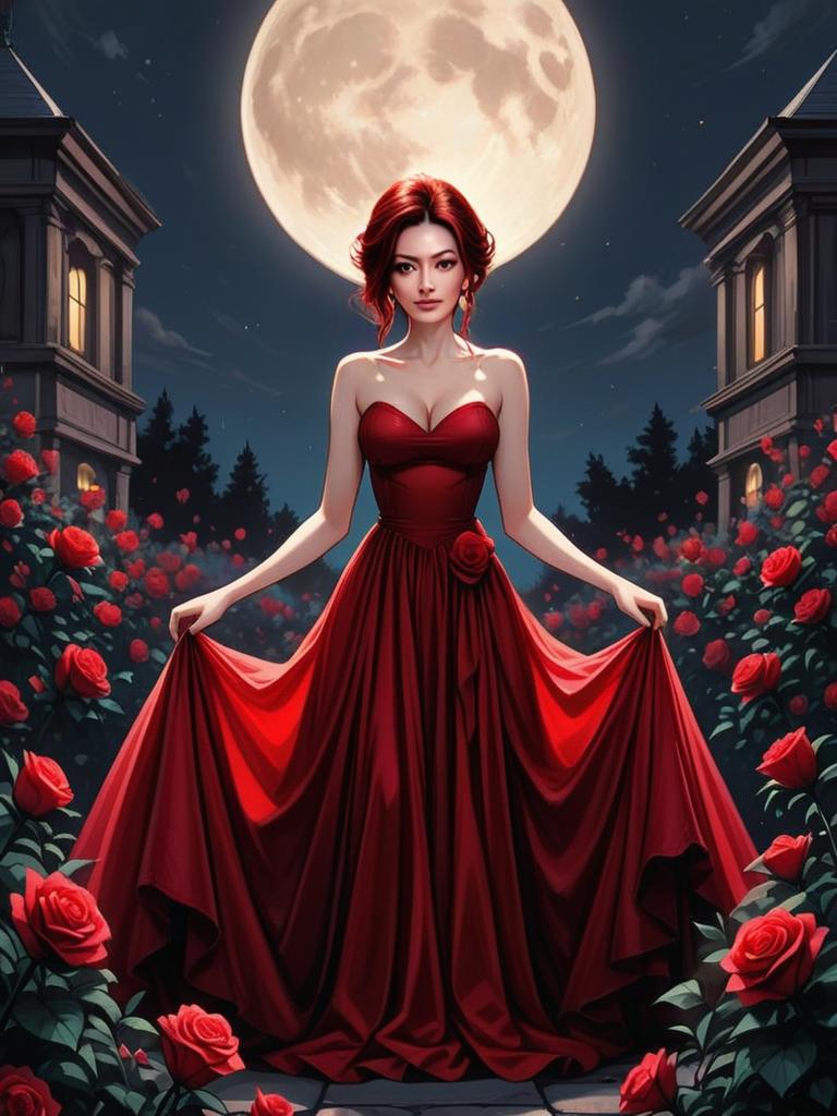 Woman in Elegant Red Dress in Moonlit Rose Garden Digital Art