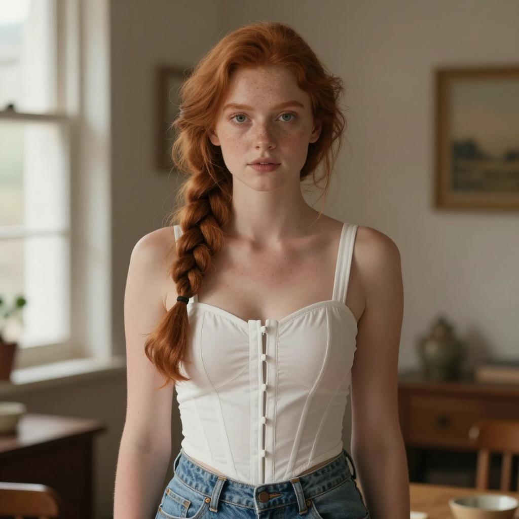 Red Haired Woman in White Corset Top and Blue Jeans Indoors