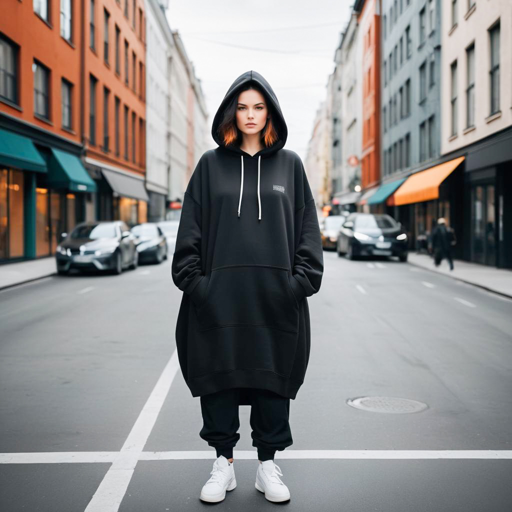 Confident Woman in Oversized Hoodie on Bustling Street