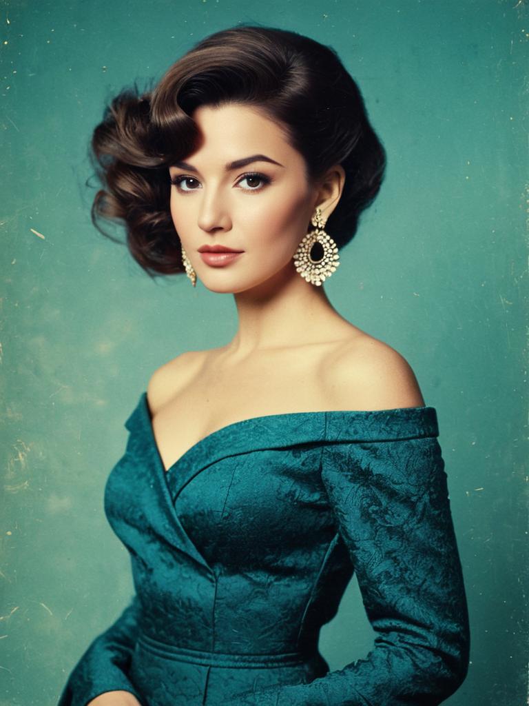 Elegant Woman in Vintage-Inspired Off-the-Shoulder Teal Dress with Statement Earrings