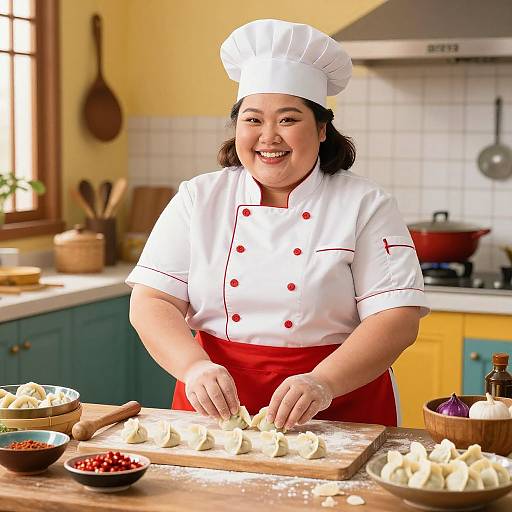 Smiling Woman Chef Making Dumplings in Cozy Kitchen