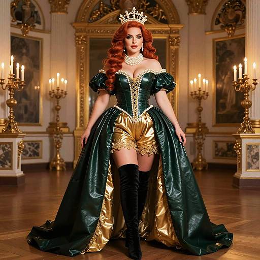Modern Renaissance Style Woman in Luxurious Green and Gold Gown with Pearl Crown