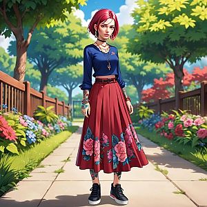 Young Woman in Floral Skirt Standing in Sunny Garden Pathway Digital Art