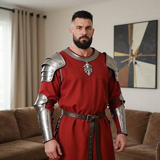 Man Wearing Medieval Armor in Red Tunic Indoors