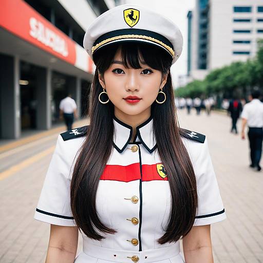 Woman in Ferrari-Emblazoned White Uniform with Cap in Urban Setting
