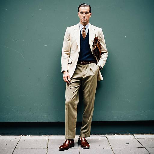 Stylish Man in Beige Suit with Brown Leather Accessories Standing Outdoors