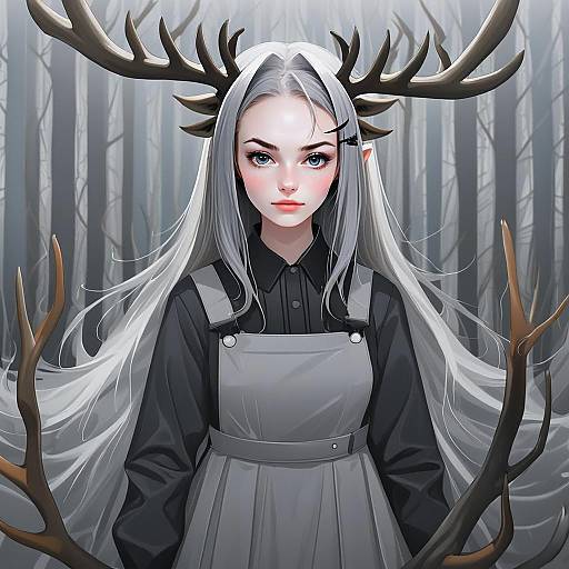 Alina Arknights Character with Silver Hair and Antlers in Anime Style Forest