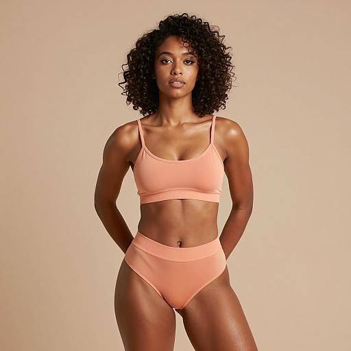 Confident Woman in Peach-Colored Sports Bra and High-Waisted Briefs Activewear