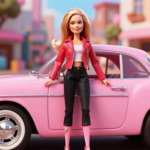 Stylish Blonde Woman in Red Jacket Posing by Vintage Pink Car