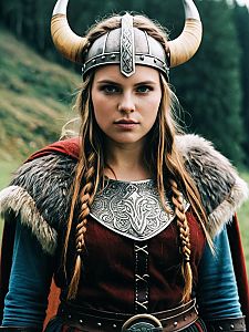 Woman in Viking Costume with Horned Helmet and Armor Outdoors