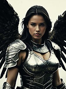 Female Warrior Angel with Dark Wings in Detailed Metallic Armor