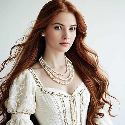 Elegant Woman in Vintage White Gown with Pearl Necklace