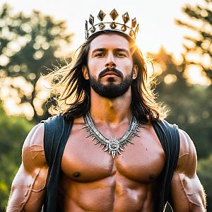Muscular King with Crown and Necklace at Golden Hour