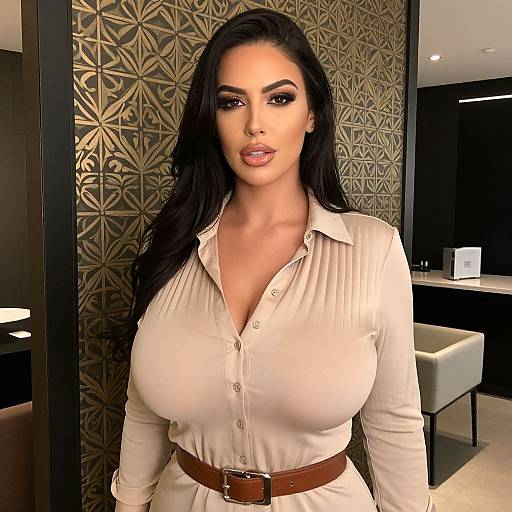 Confident Woman in Beige Dress with Brown Belt Posing Indoors