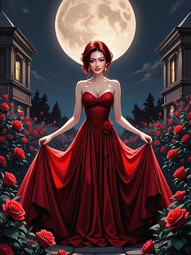 Woman in Elegant Red Dress in Moonlit Rose Garden Digital Art