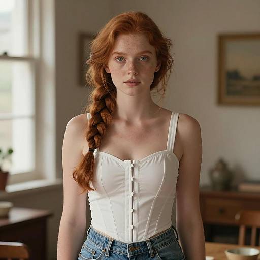 Red Haired Woman in White Corset Top and Blue Jeans Indoors
