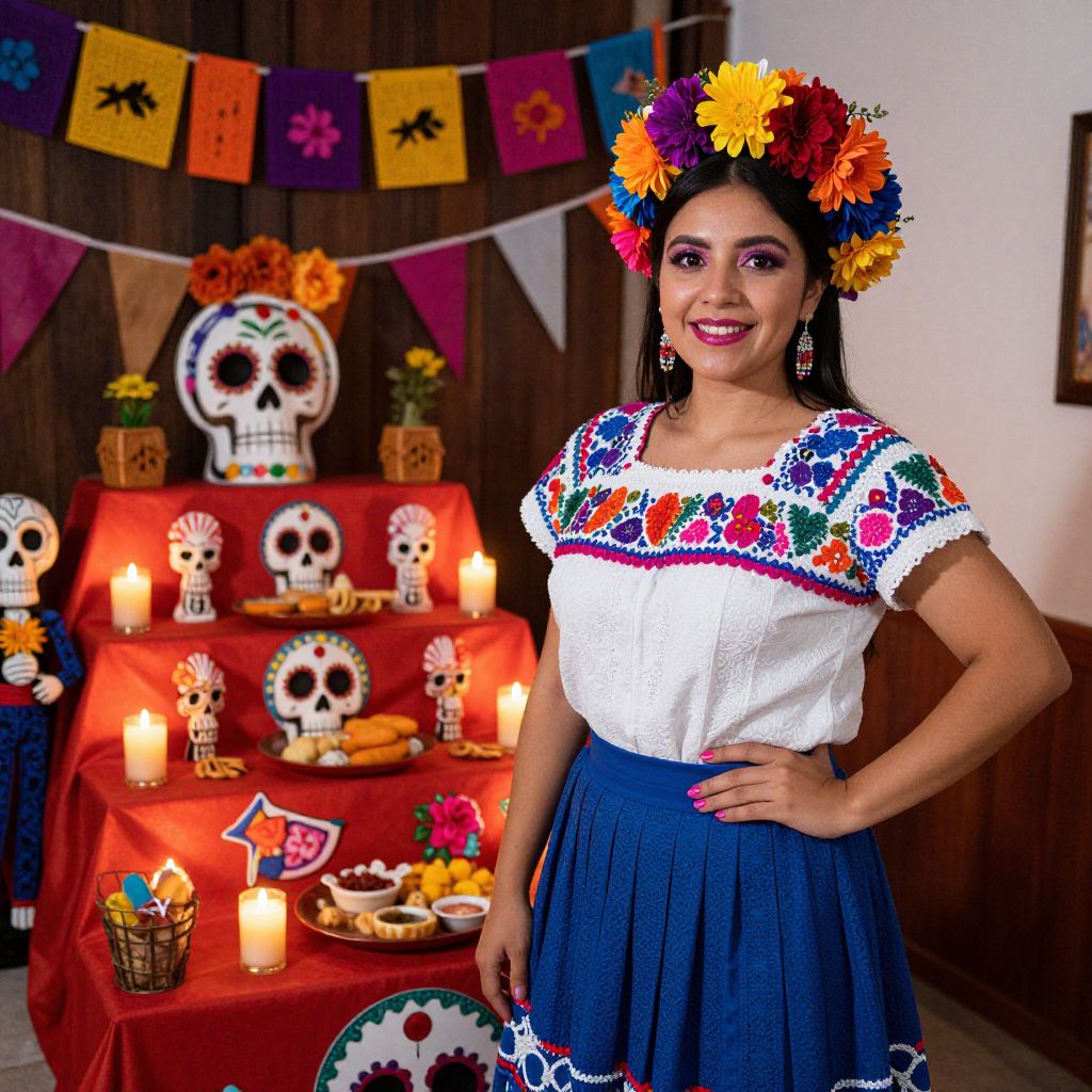 Traditional Mexican Woman Celebrating Day of the Dead with Decorative Altar