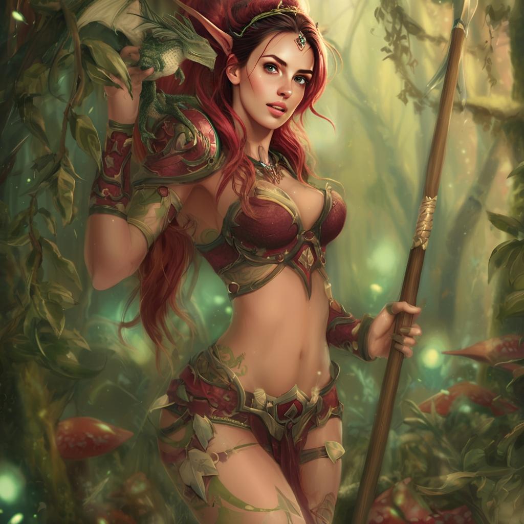 Fantasy Red-Haired Warrior Woman in Enchanted Forest Armor with Spear