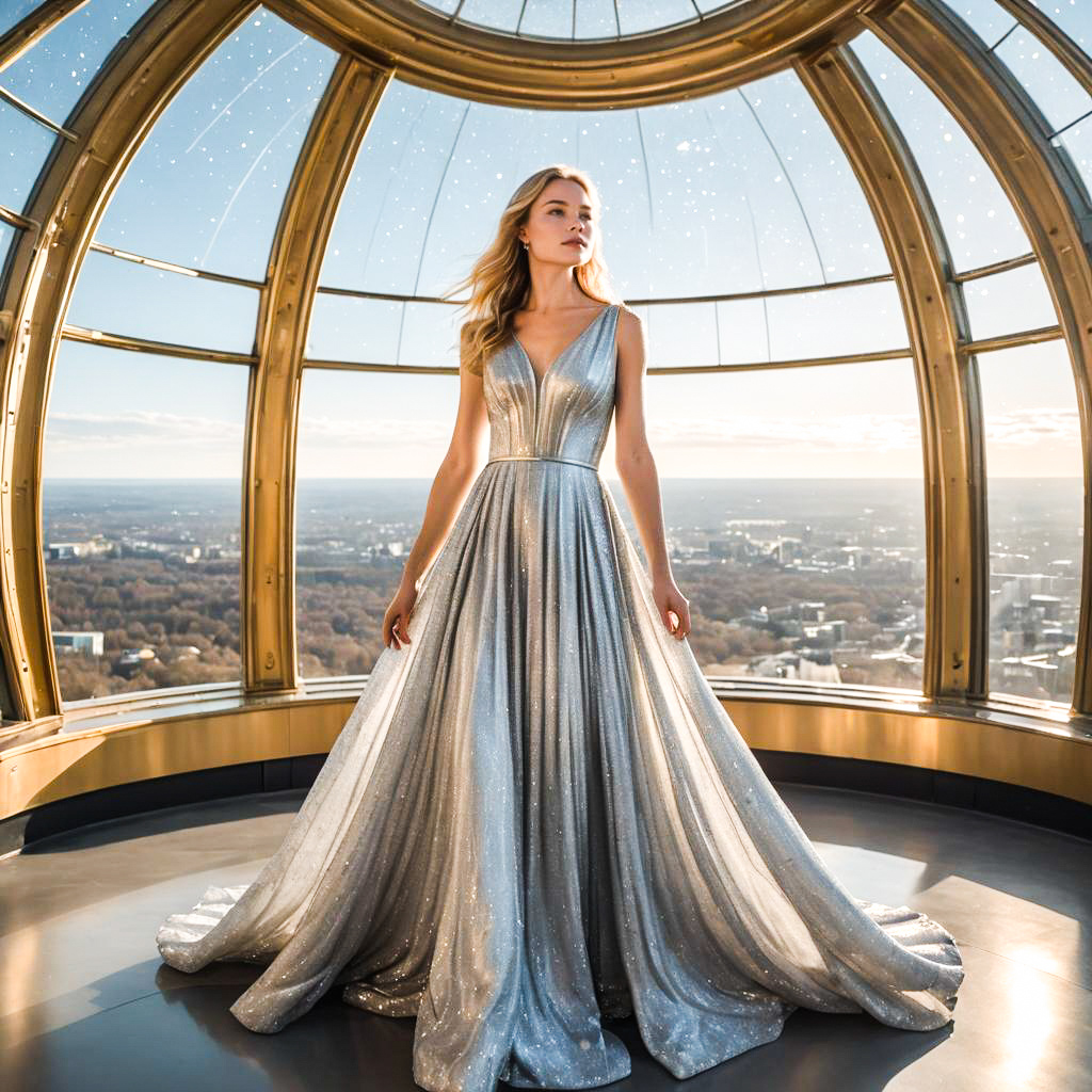 Elegant Woman in Silver Gown Against Cityscape