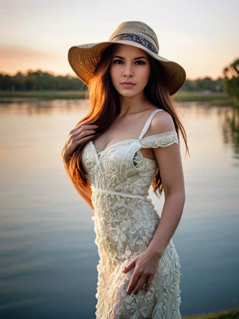 Woman in Lace Dress by Serene Lake at Sunset