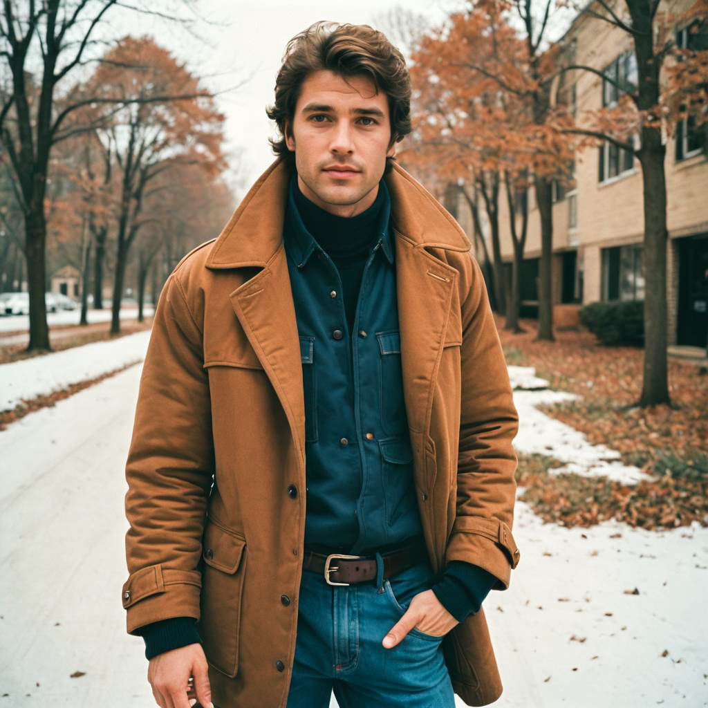 Stylish Young Man in Brown Coat on Snowy Walkway