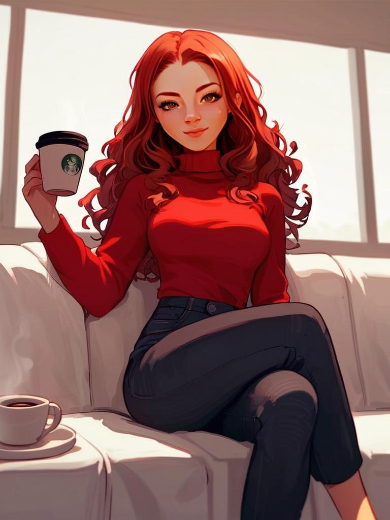 Confident Woman with Red Hair Enjoying Coffee