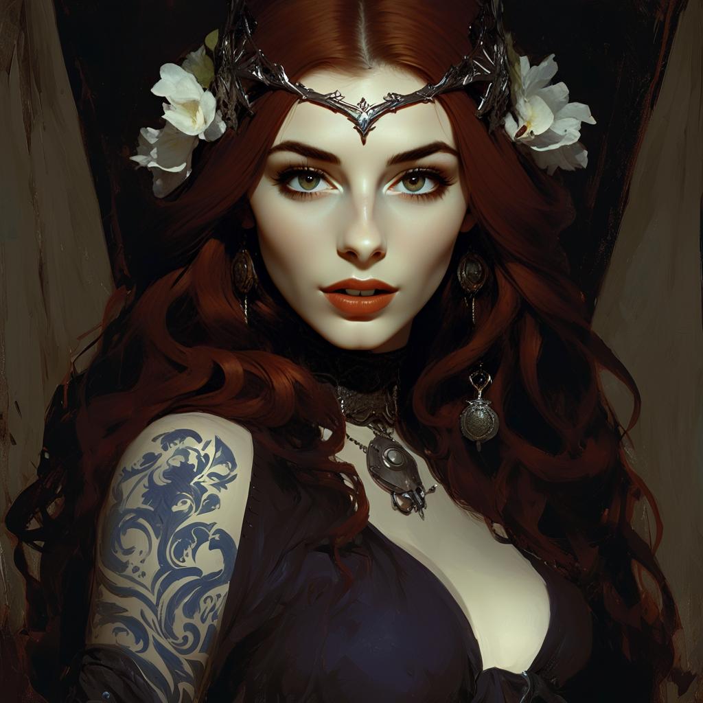 Fantasy Digital Portrait of Red-Haired Woman with Floral Crown and Tattoo