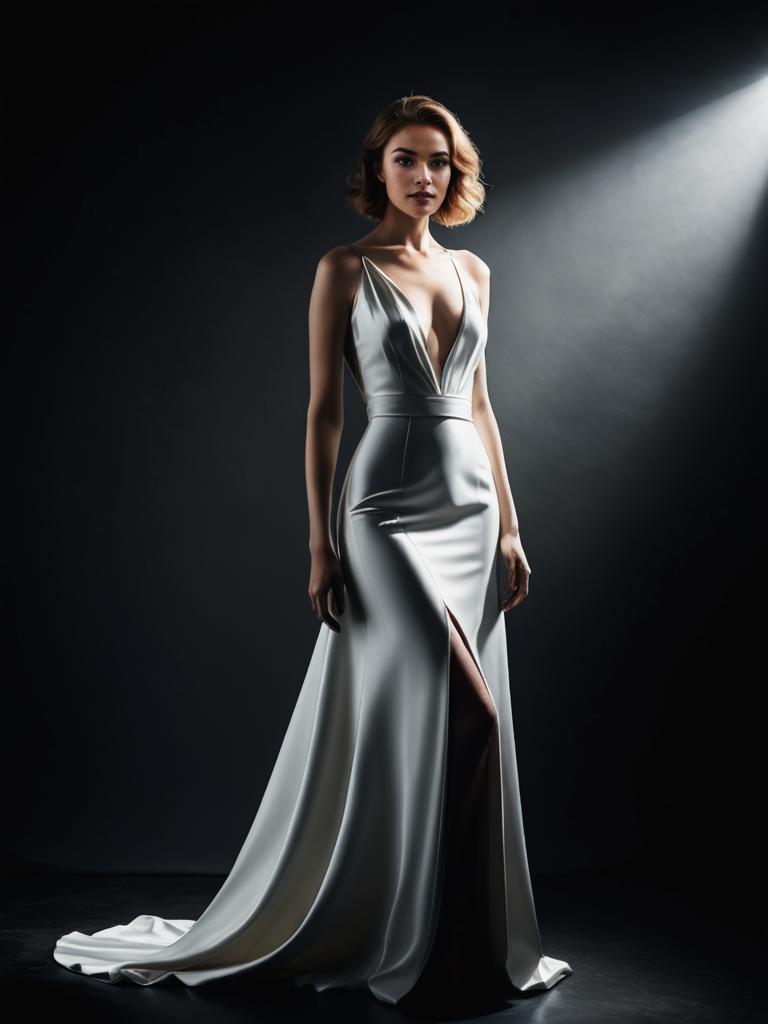 Elegant Woman in Satin Gown Under Spotlight