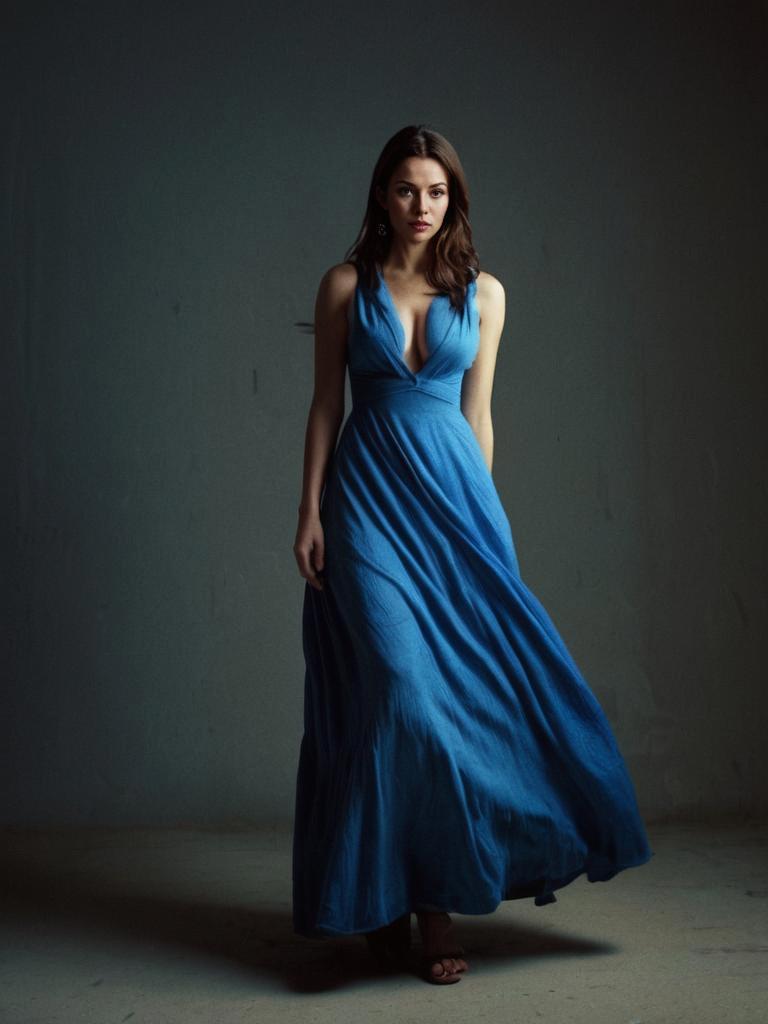 Woman in Flowing Deep Blue Dress with Dramatic Lighting