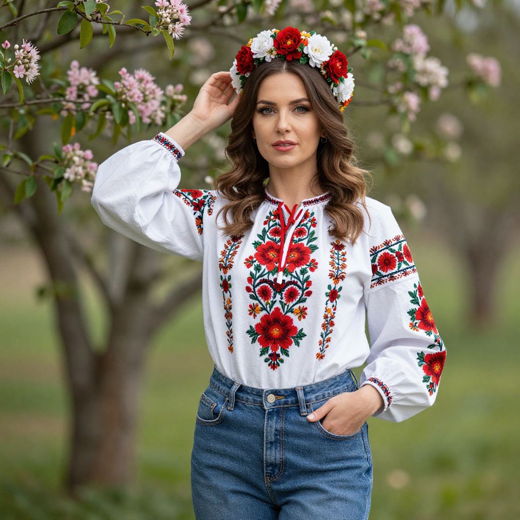 Woman in Traditional Embroidered Floral Blouse and Crown in Garden