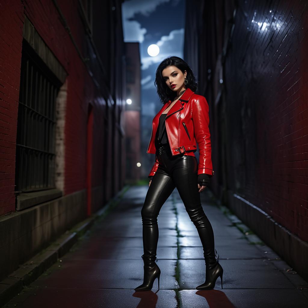 Confident Woman in Red Jacket in Alley