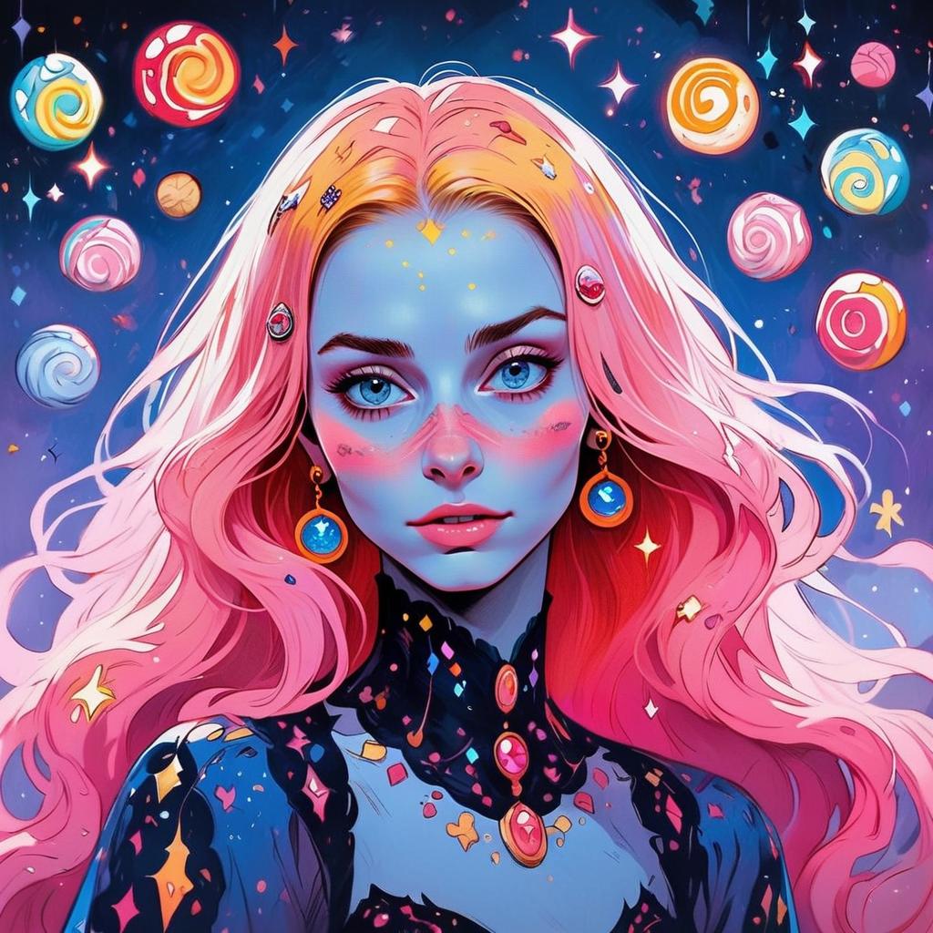Vibrant Digital Portrait of a Woman with Pink Hair and Blue Skin