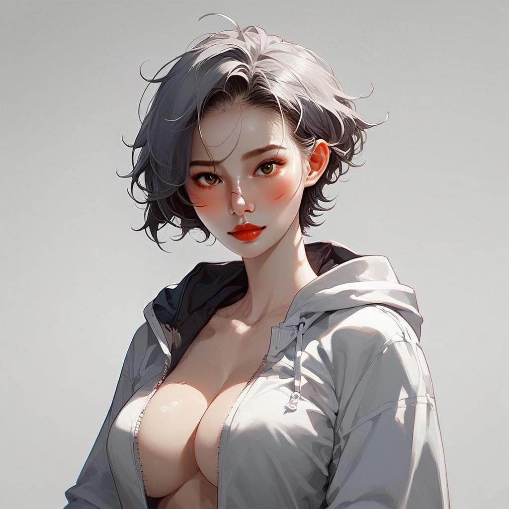 Stylized Anime Woman with Short Silver Hair in White Hoodie Artwork