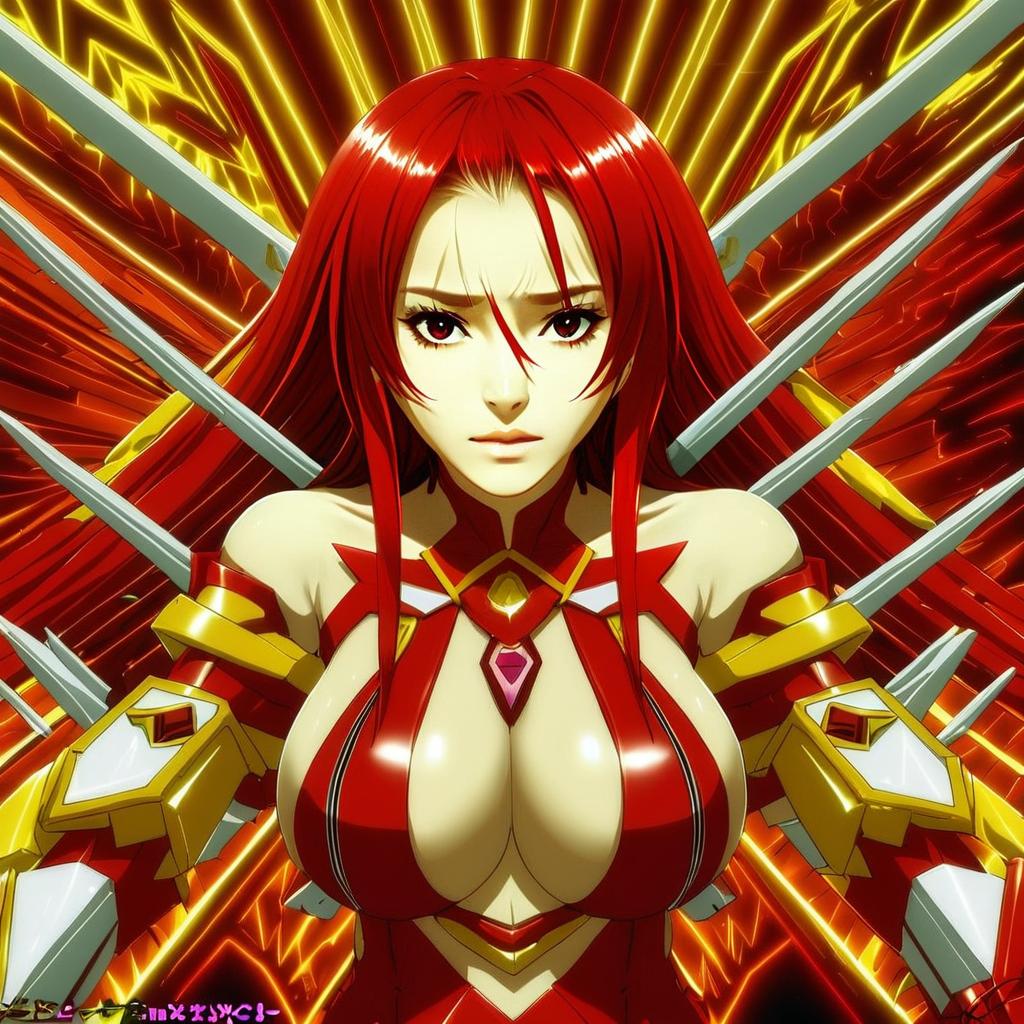 Amou Kanade Red-Haired Anime Woman in Futuristic Armor with Blades