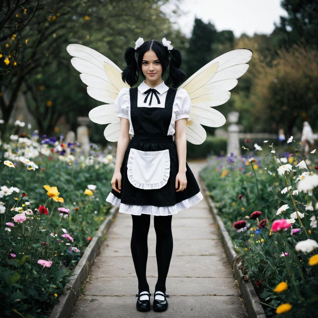Young Woman in Maid Outfit with Wings in Garden