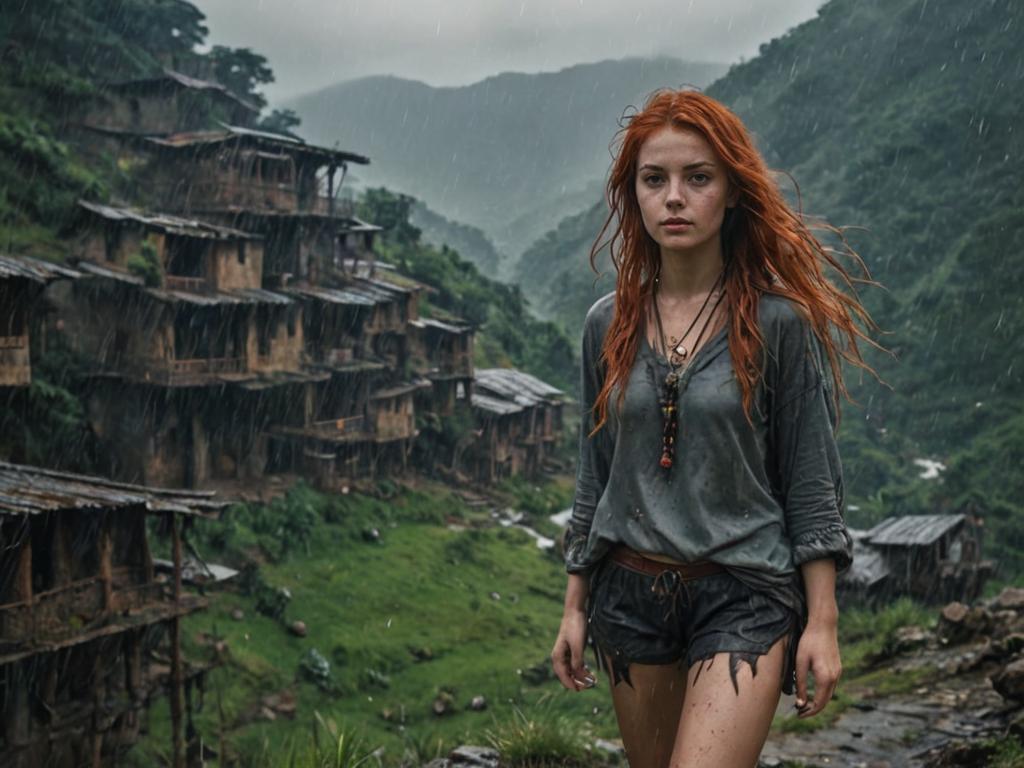 Enigmatic Woman in Rustic Village Rain