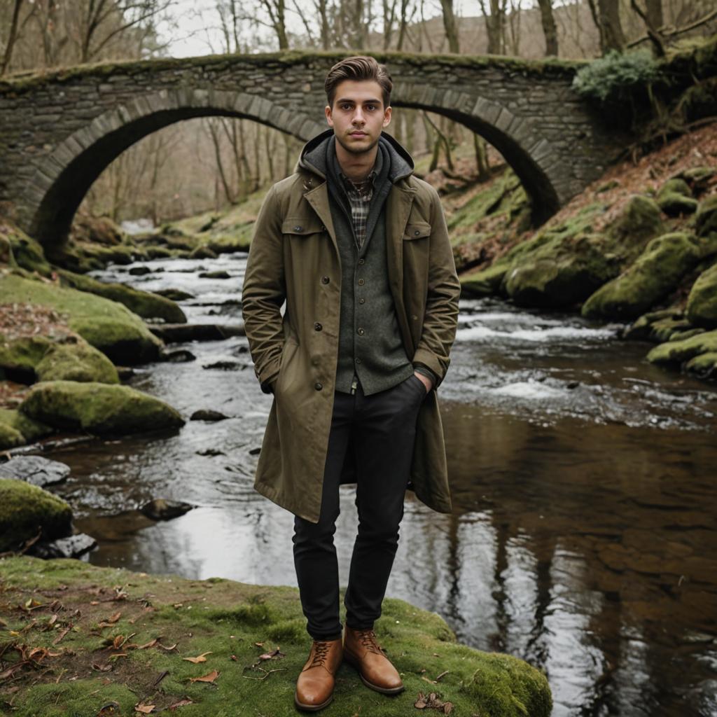 Confident Young Man by Autumn Stream and Bridge