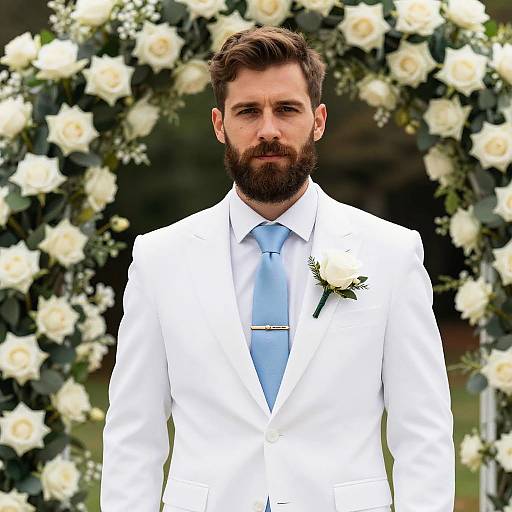 Bearded Man in White Suit with Blue Tie at Wedding Floral Arch