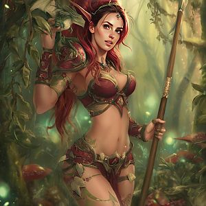 Fantasy Red-Haired Warrior Woman in Enchanted Forest Armor with Spear