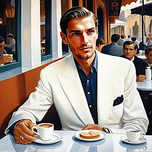 Stylish Man in White Suit at Café