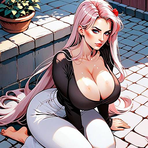 Anime Style Woman with Pink Hair in Black Top and White Pants
