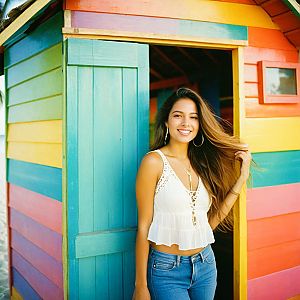 Young Woman in Front of Colorful Beach Hut