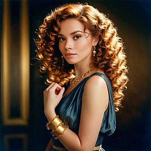 Sophisticated Woman with Curls and Gold Jewelry