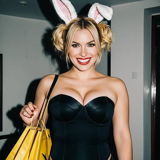 Smiling Woman in Black Corset with Bunny Ears Holding Shopping Bags
