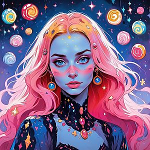 Vibrant Digital Portrait of a Woman with Pink Hair and Blue Skin